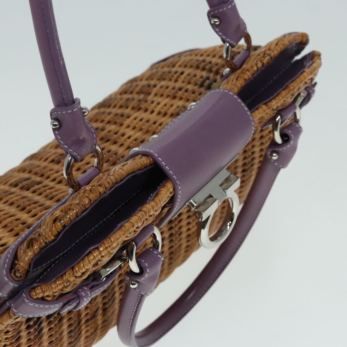 Salvatore Ferragamo Gancini Hand Bag Wicker Beige Purple Silver Auth 92821