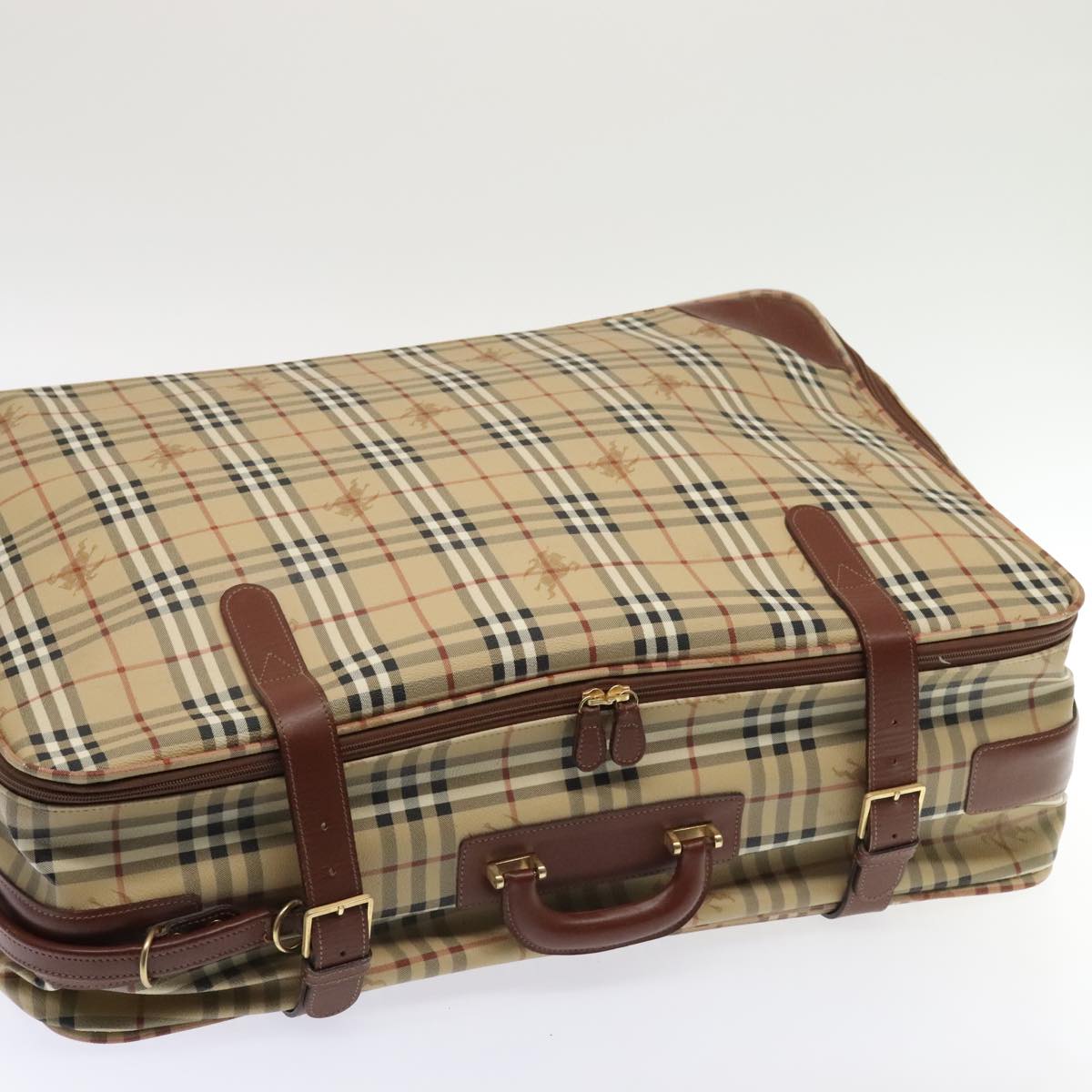 BURBERRY Nova Check suitcase PVC Leather Beige Gold Auth 92822