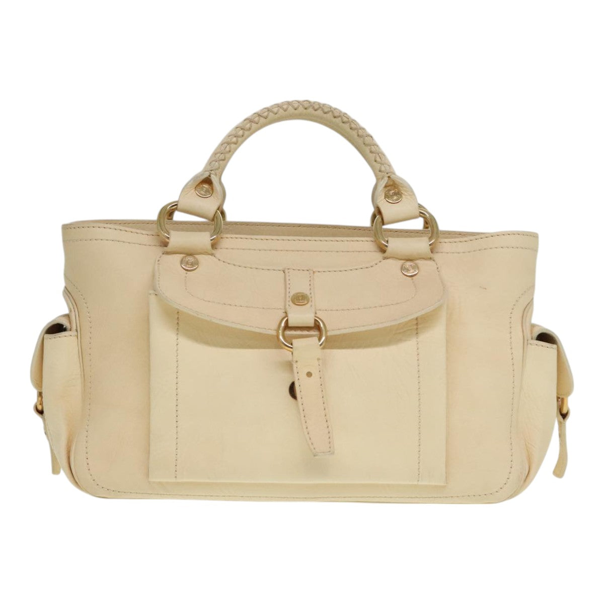 CELINE Hand Bag Leather Beige Gold Auth 92834