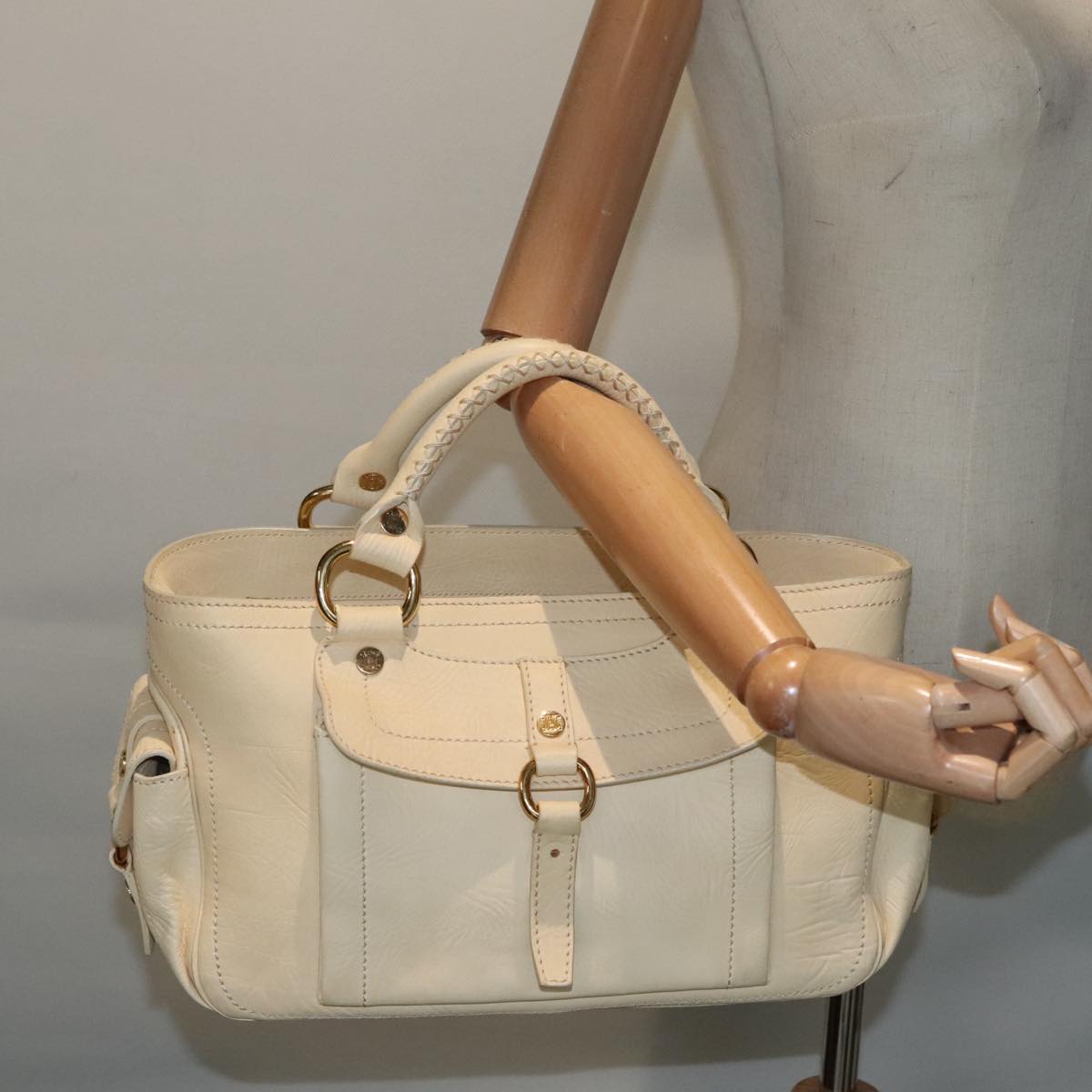 CELINE Hand Bag Leather Beige Gold Auth 92834