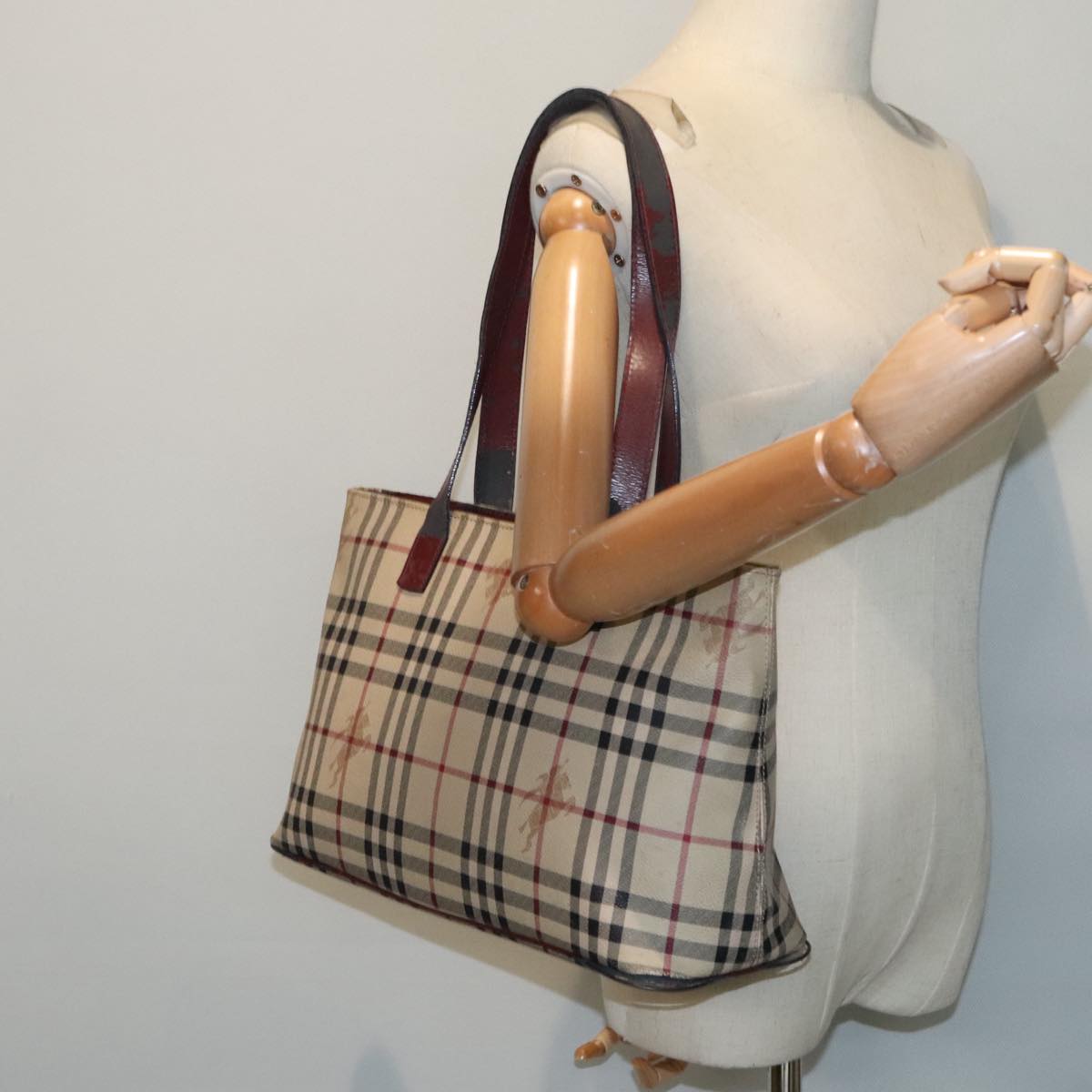 BURBERRY Nova Check Tote Bag PVC Leather Beige Silver Auth 92839