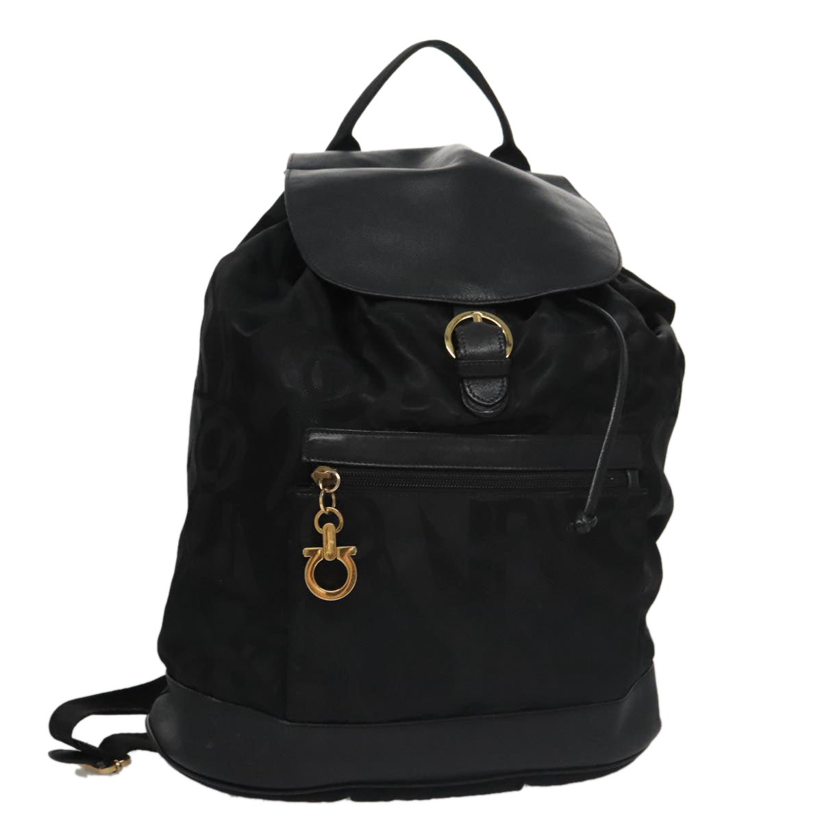 Salvatore Ferragamo Gancini Backpack Nylon Black Gold Auth 92874