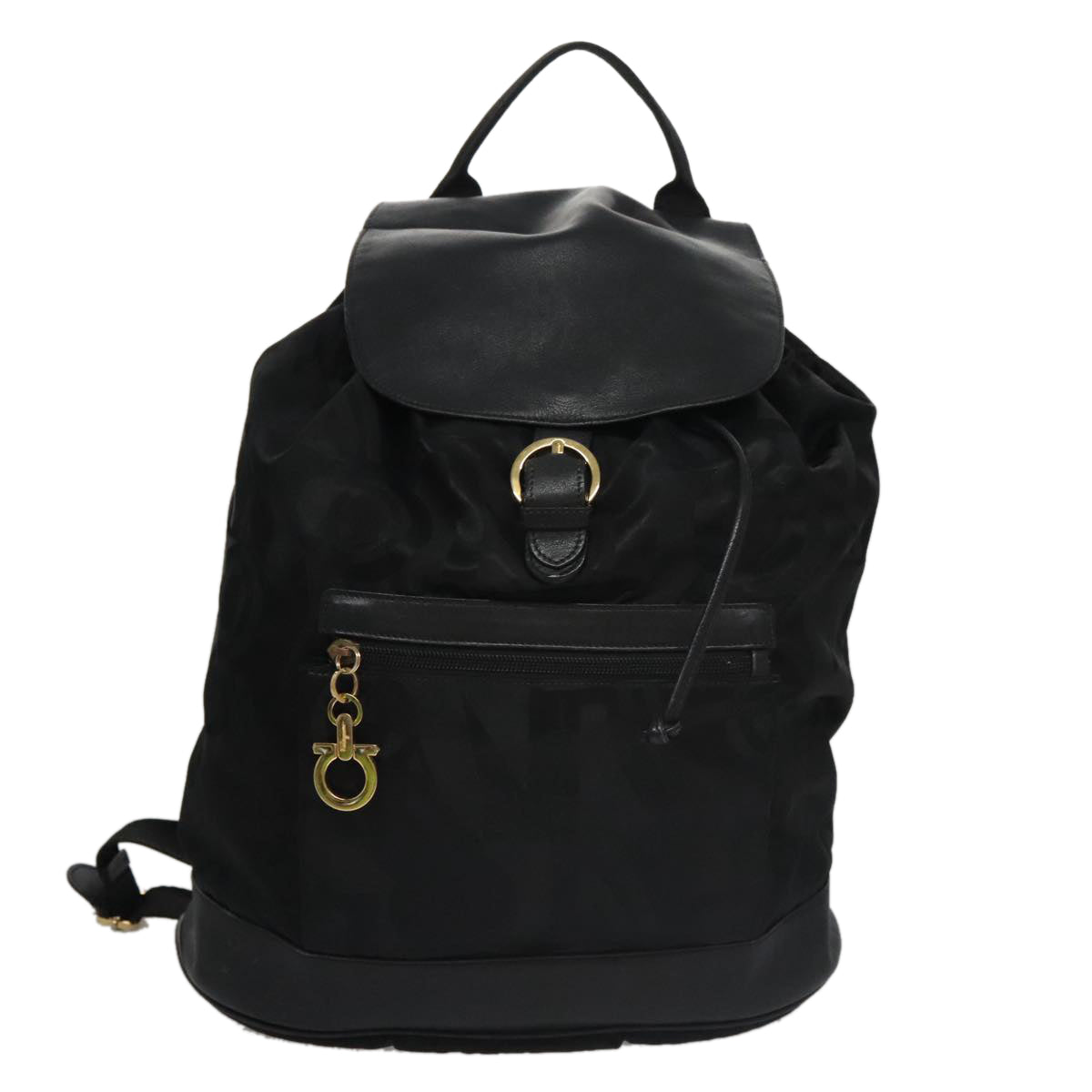 Salvatore Ferragamo Gancini Backpack Nylon Black Gold Auth 92874