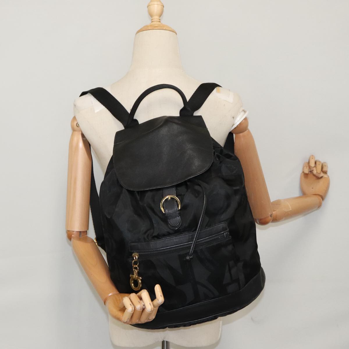 Salvatore Ferragamo Gancini Backpack Nylon Black Gold Auth 92874