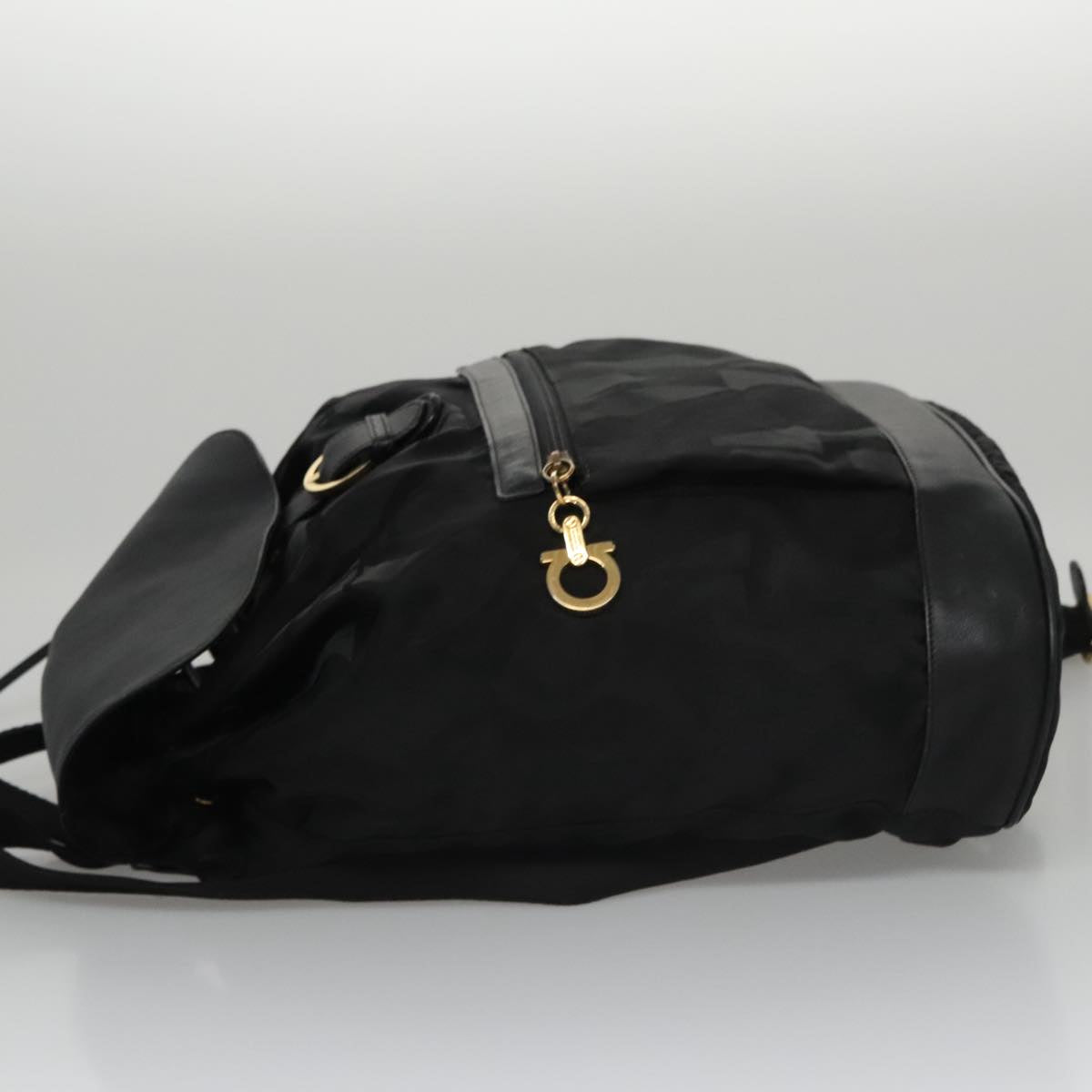 Salvatore Ferragamo Gancini Backpack Nylon Black Gold Auth 92874