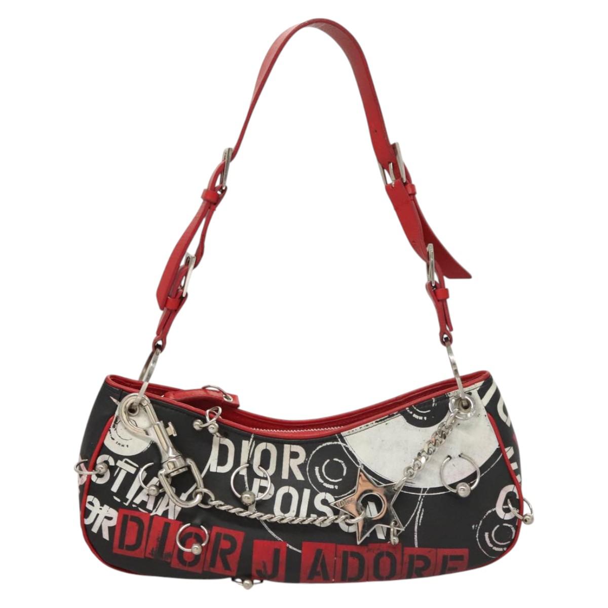 Christian Dior Shoulder Bag Leather Black Red Silver Auth 92933