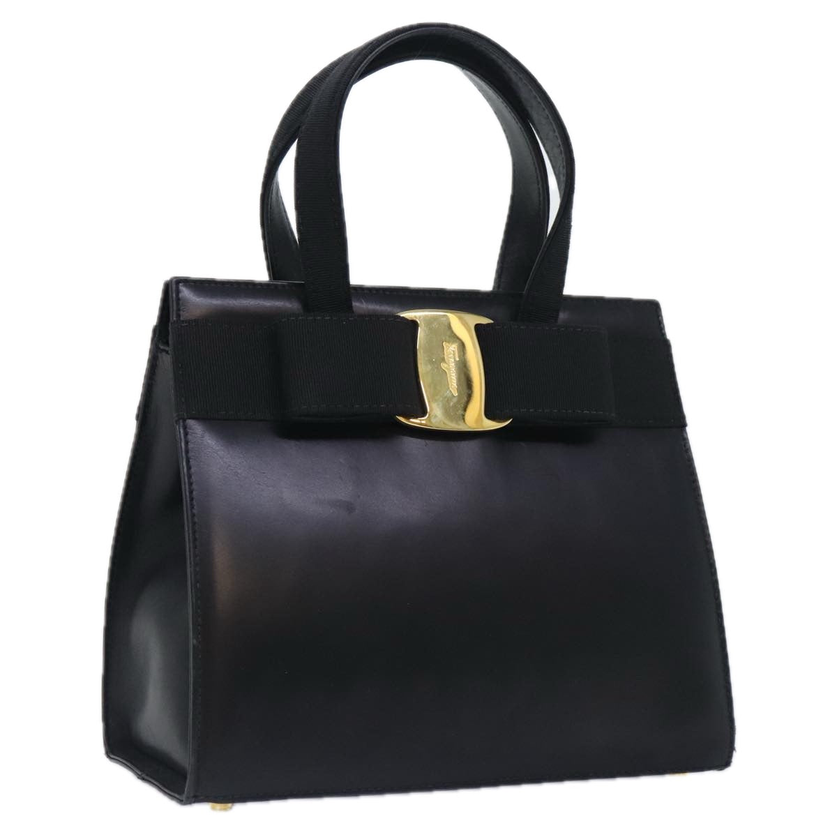 Salvatore Ferragamo Vala Hand Bag Leather Black Gold Auth 92934