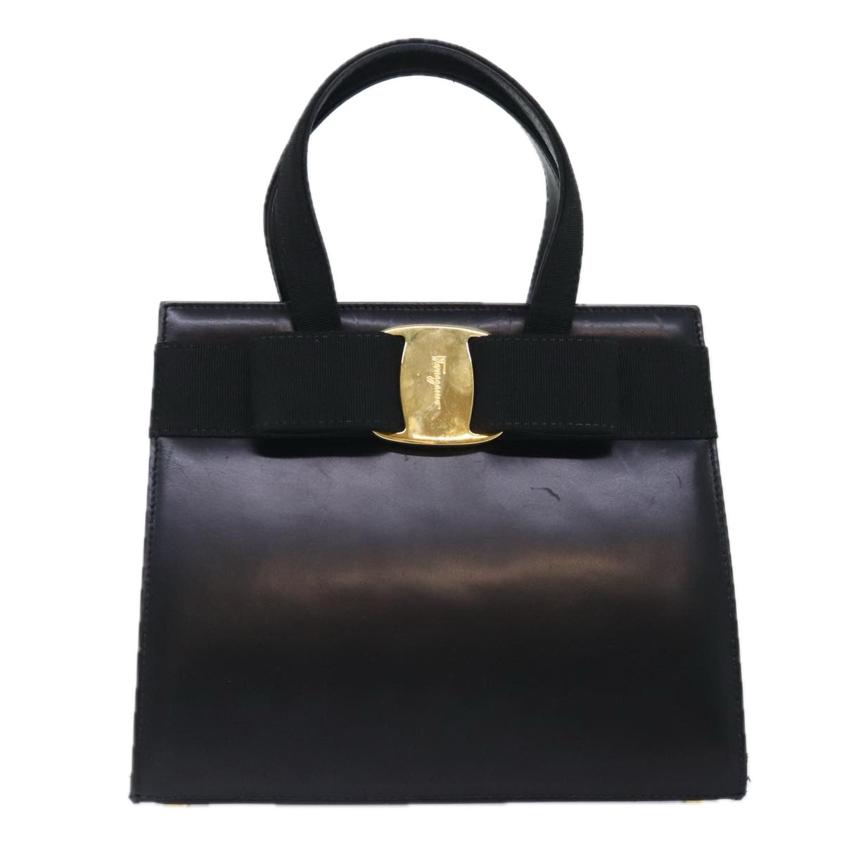 Salvatore Ferragamo Vala Hand Bag Leather Black Gold Auth 92934