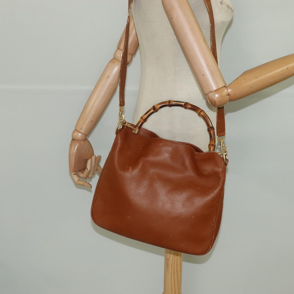 GUCCI Bamboo Hand Bag Leather 2way Brown Gold 000 1418 1636 Auth 92955