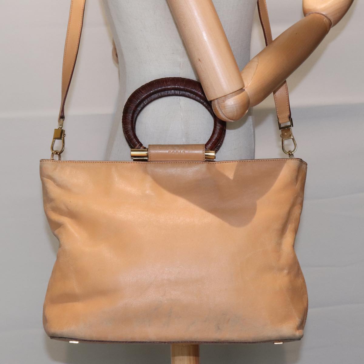 CELINE Hand Bag Leather 2way Beige Gold Auth 92968