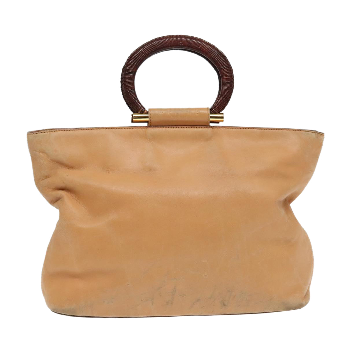 CELINE Hand Bag Leather 2way Beige Gold Auth 92968