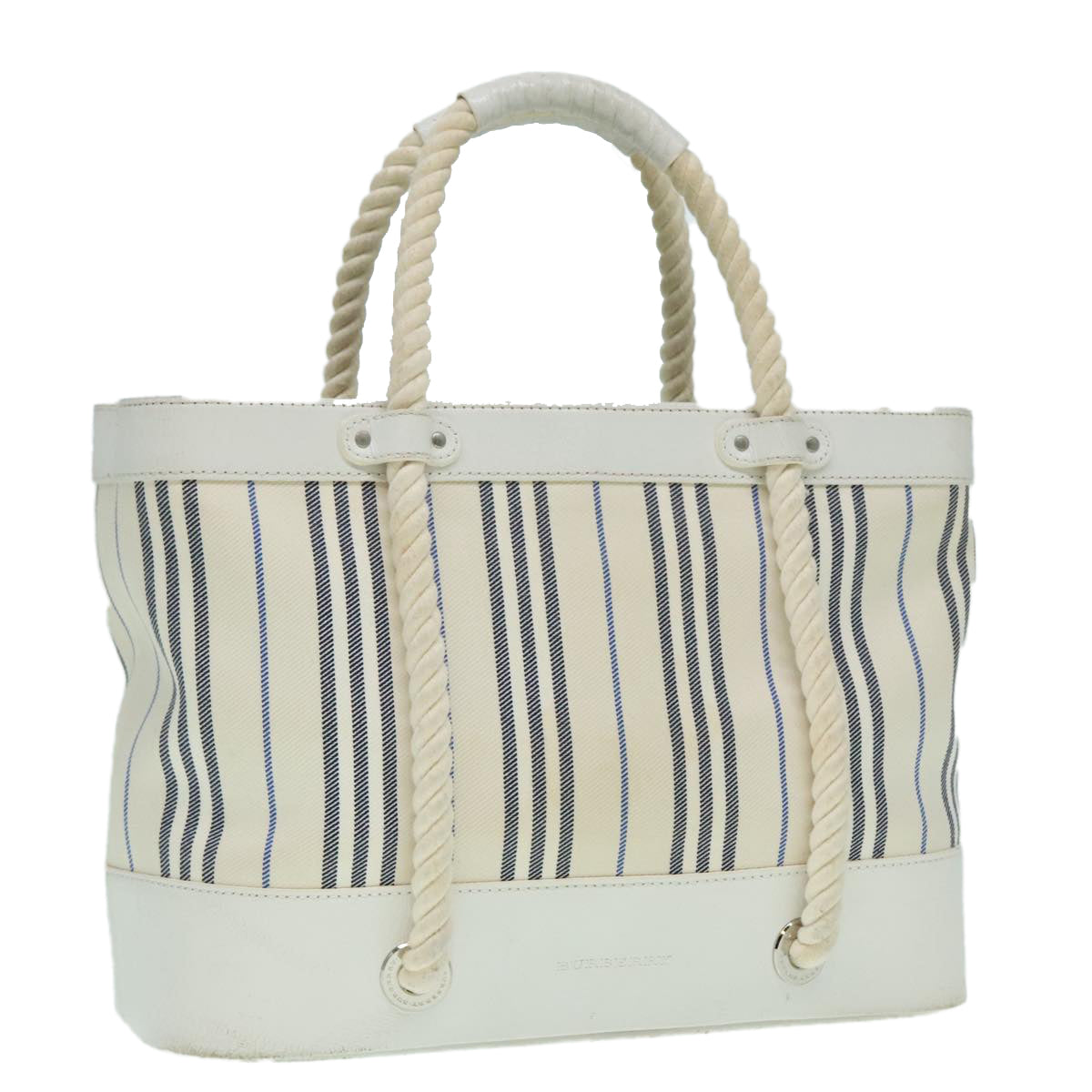 BURBERRY Rope handle Hand Bag Canvas Leather White Blue Silver Auth 92982