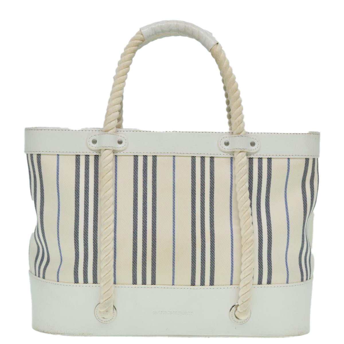 BURBERRY Rope handle Hand Bag Canvas Leather White Blue Silver Auth 92982