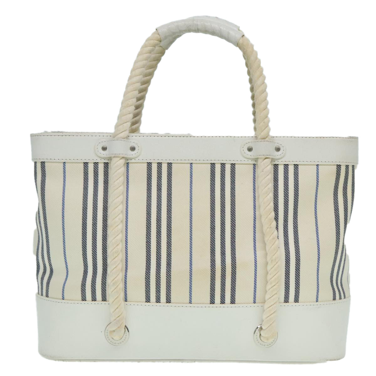 BURBERRY Rope handle Hand Bag Canvas Leather White Blue Silver Auth 92982