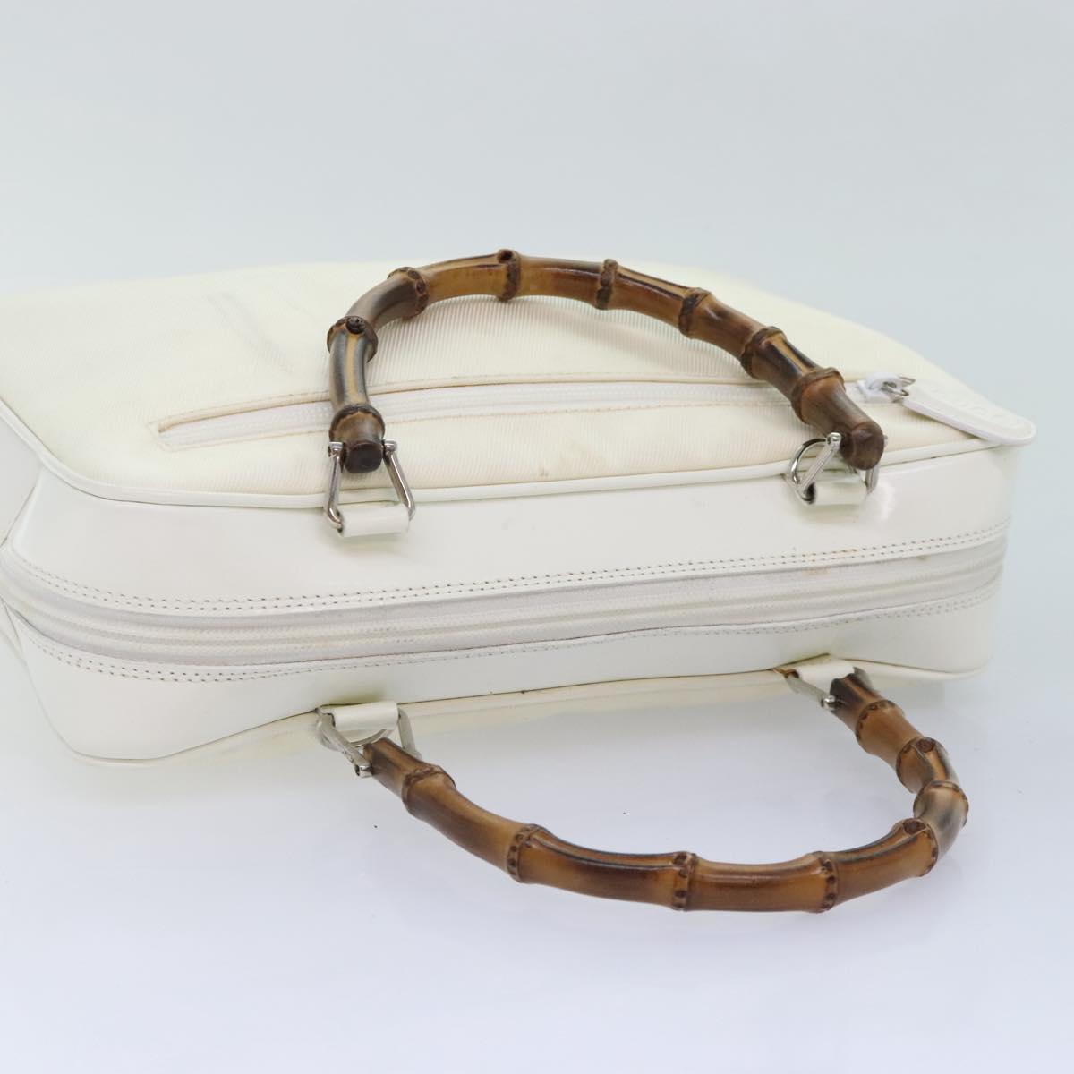 GUCCI Bamboo Hand Bag Leather Nylon White Silver 000 2040 0538 Auth 92996