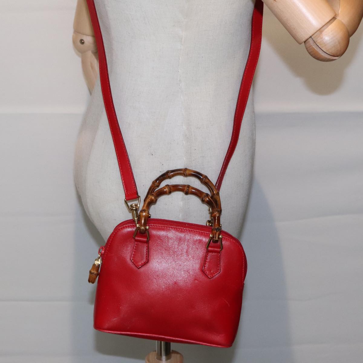 GUCCI Bamboo Hand Bag Leather 2way Red Gold 007 2032 0231 Auth 93008