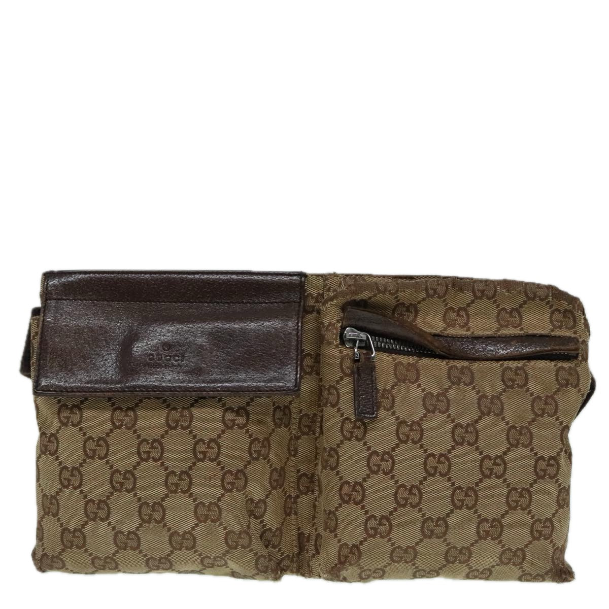 GUCCI GG Canvas Waist Bag Beige Brown Silver 28566 Auth 93030