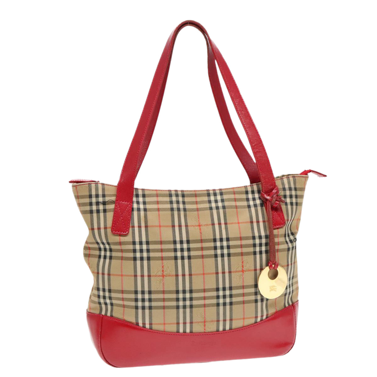 Burberrys Nova Check Hand Bag Canvas Leather Beige Red gold Auth 93197