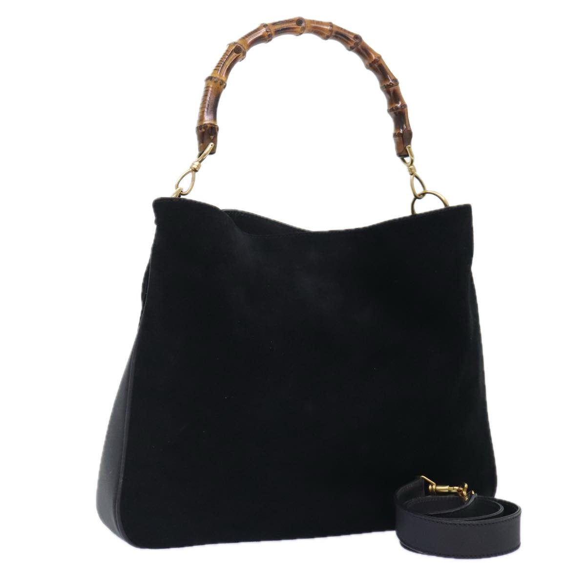 GUCCI Bamboo Hand Bag Suede 2way Black Gold 001 2058 15776 Auth 93208