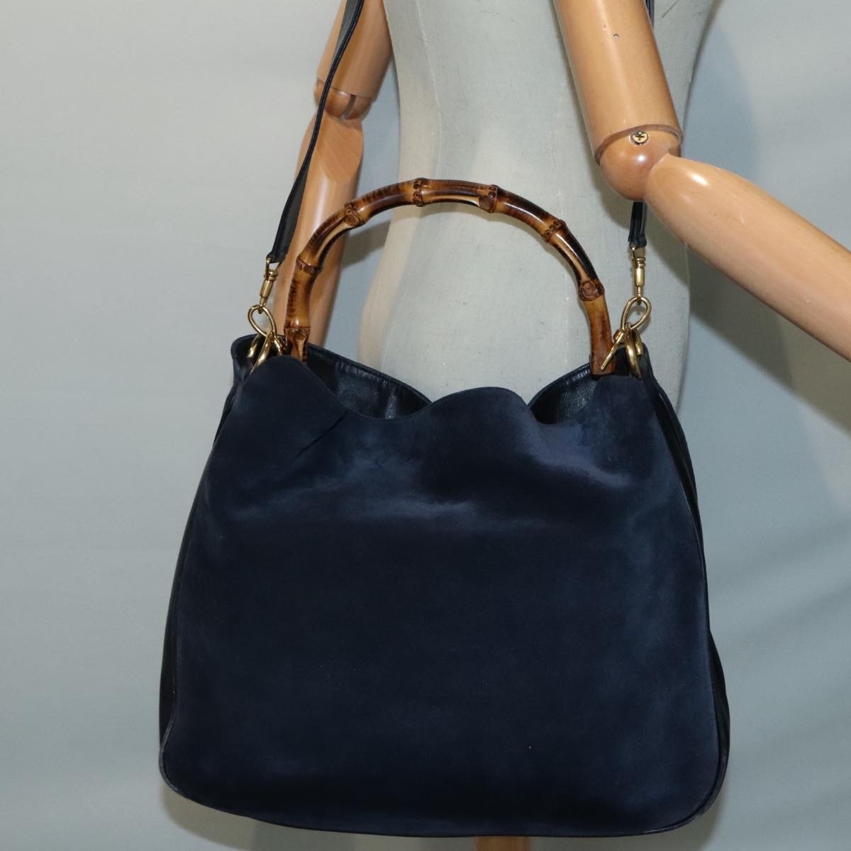 GUCCI Bamboo Hand Bag Leather 2way Navy Gold 001 1014 1577 Auth 93209