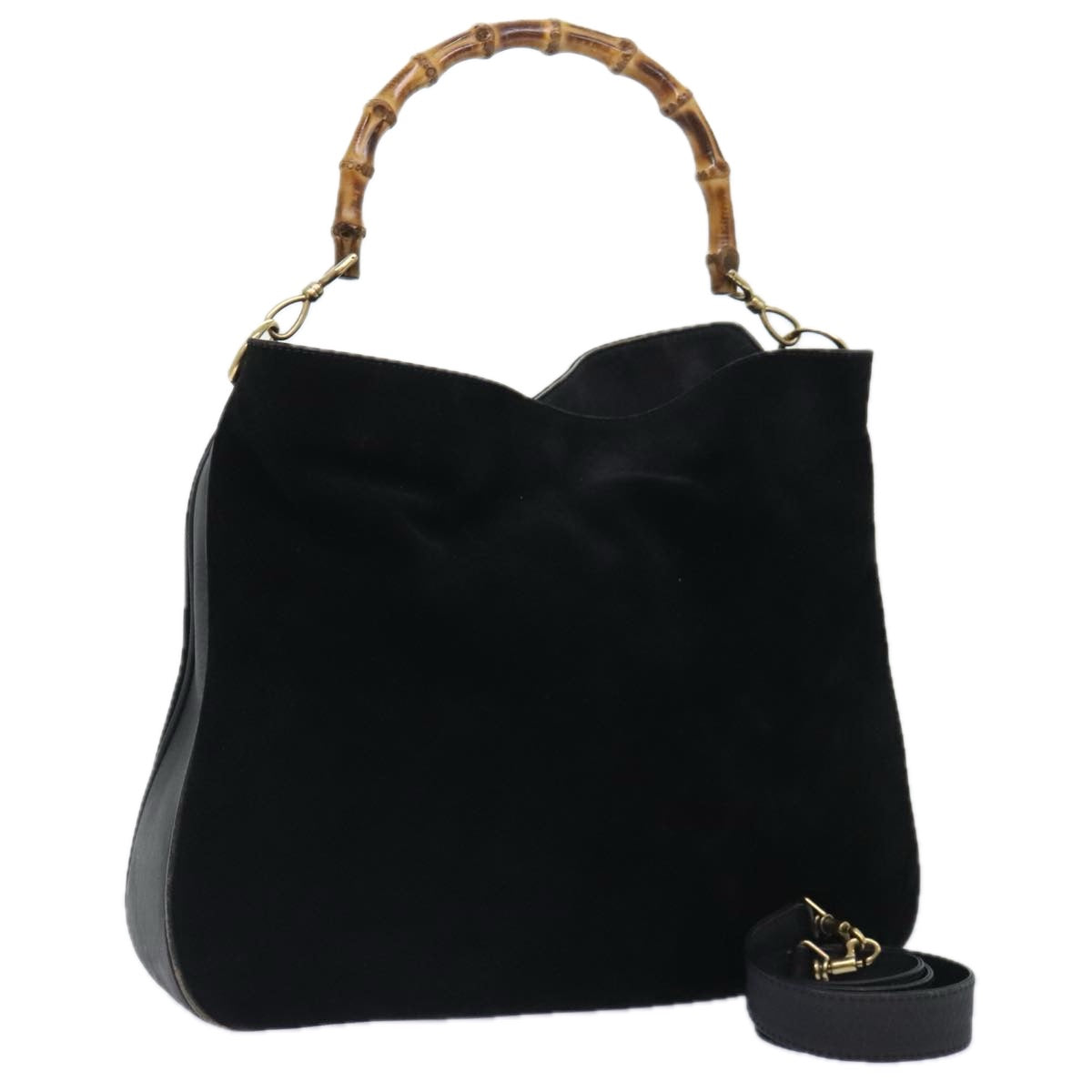 GUCCI Bamboo Hand Bag Suede 2way Black Gold 001 123 1577 Auth 93210