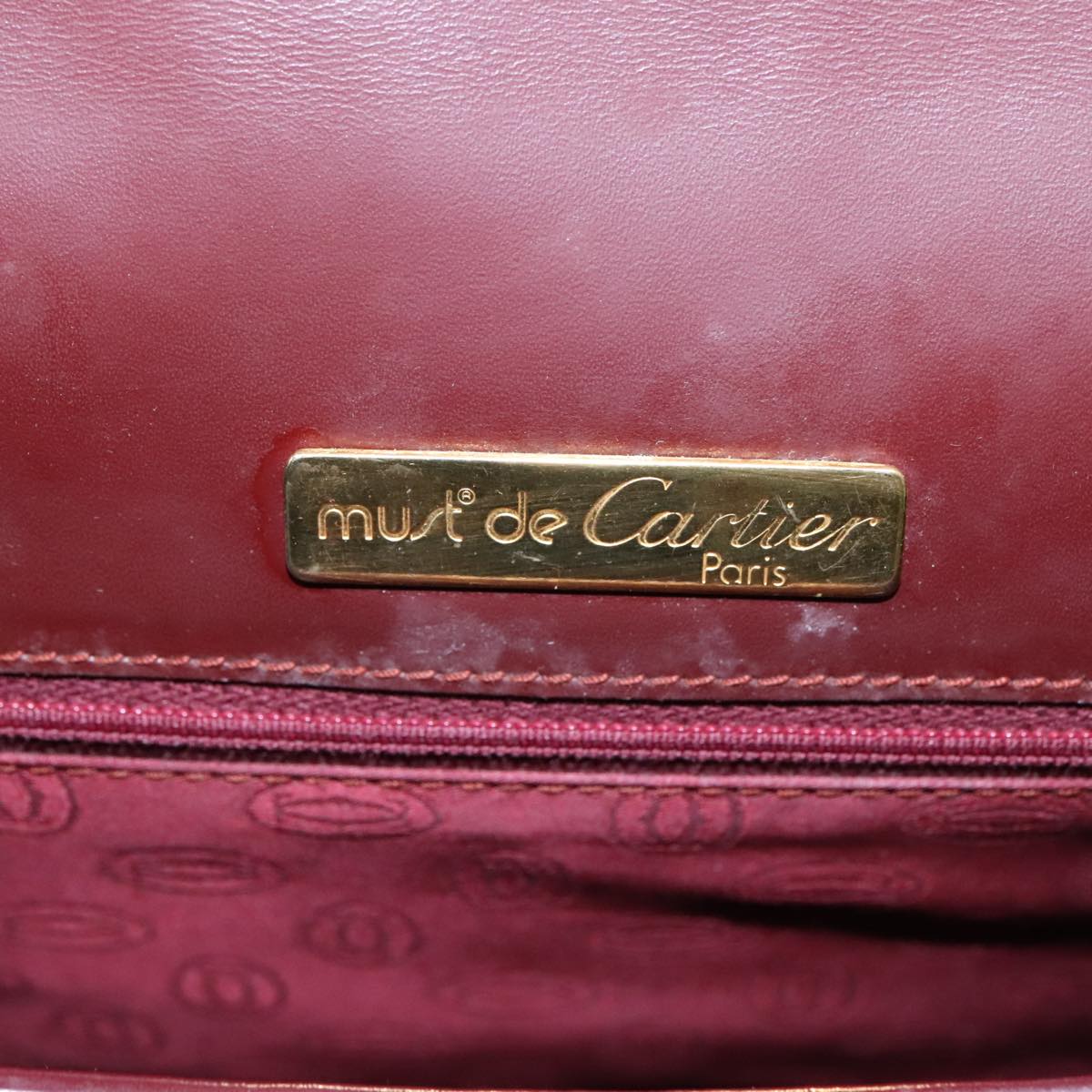 CARTIER Shoulder Bag Leather Red Gold Auth 93243