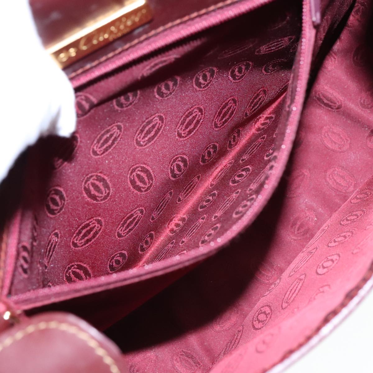 CARTIER Shoulder Bag Leather Red Gold Auth 93243