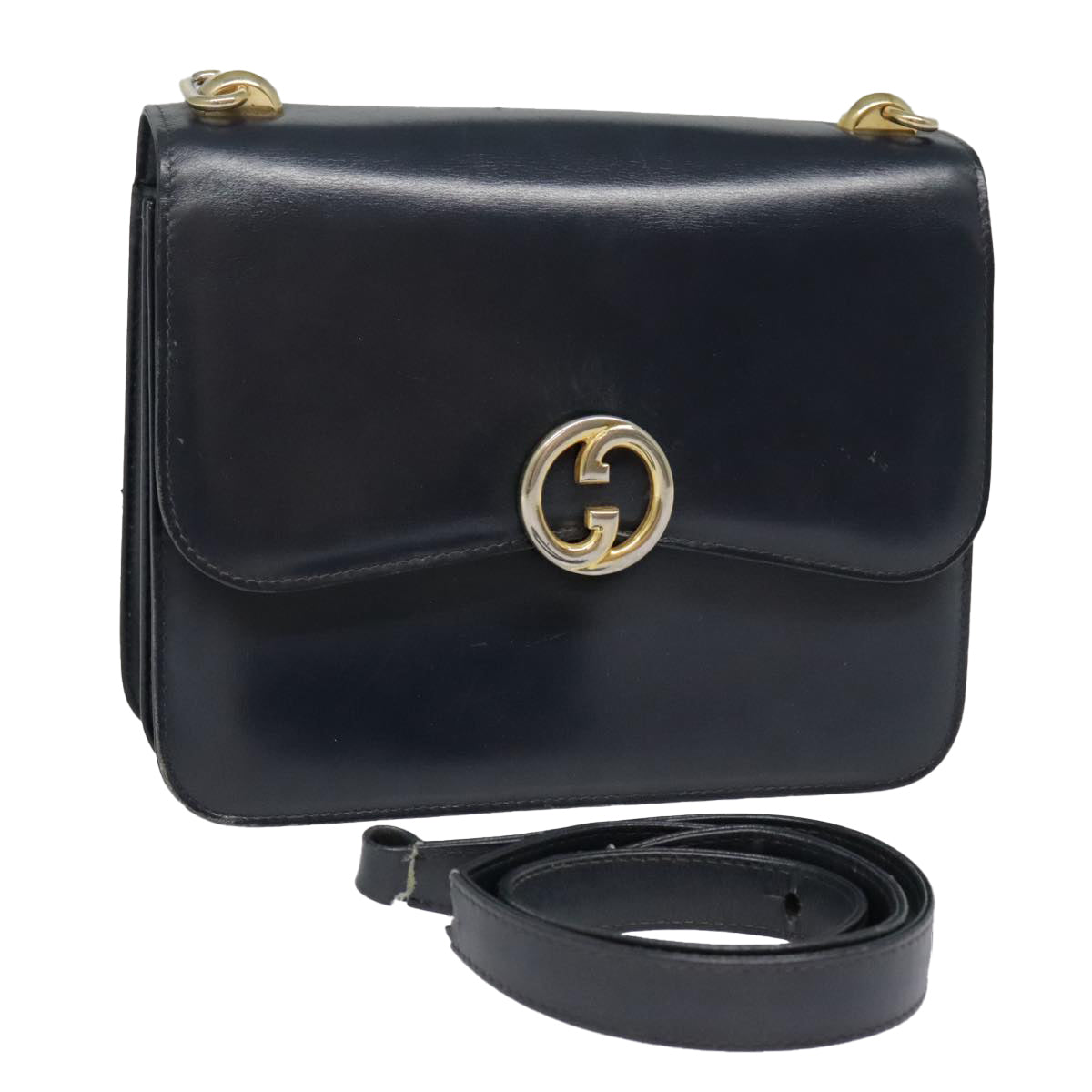 GUCCI Hand Bag Leather Navy Gold Auth 93281