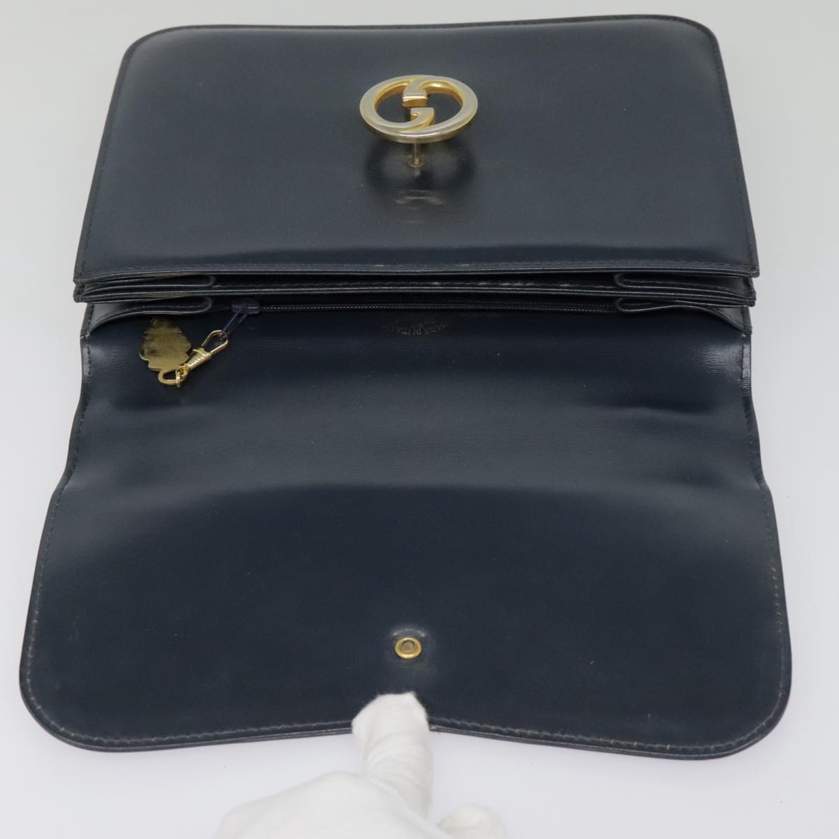 GUCCI Hand Bag Leather Navy Gold Auth 93281