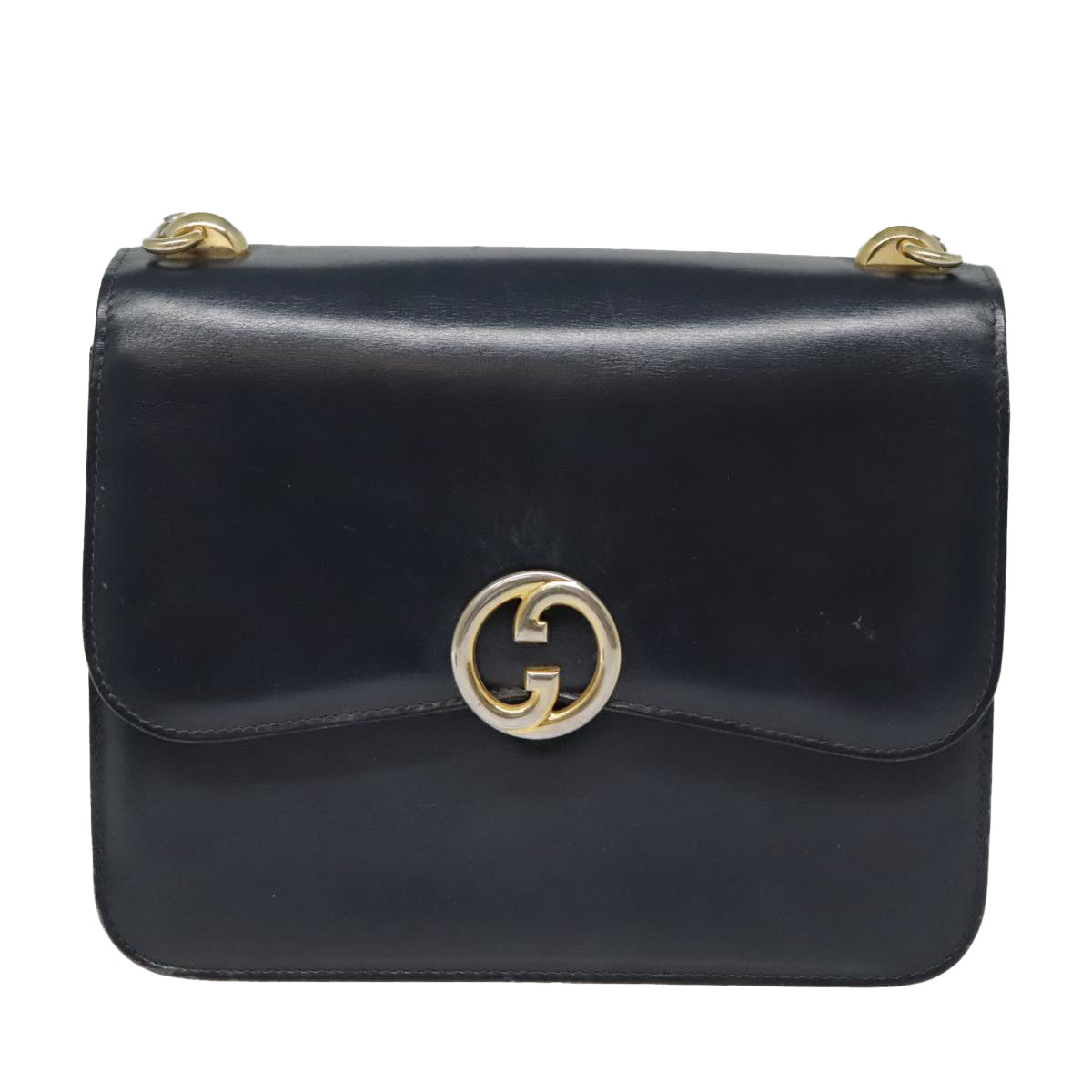 GUCCI Hand Bag Leather Navy Gold Auth 93281