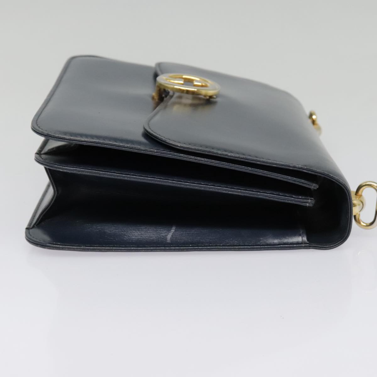 GUCCI Hand Bag Leather Navy Gold Auth 93281