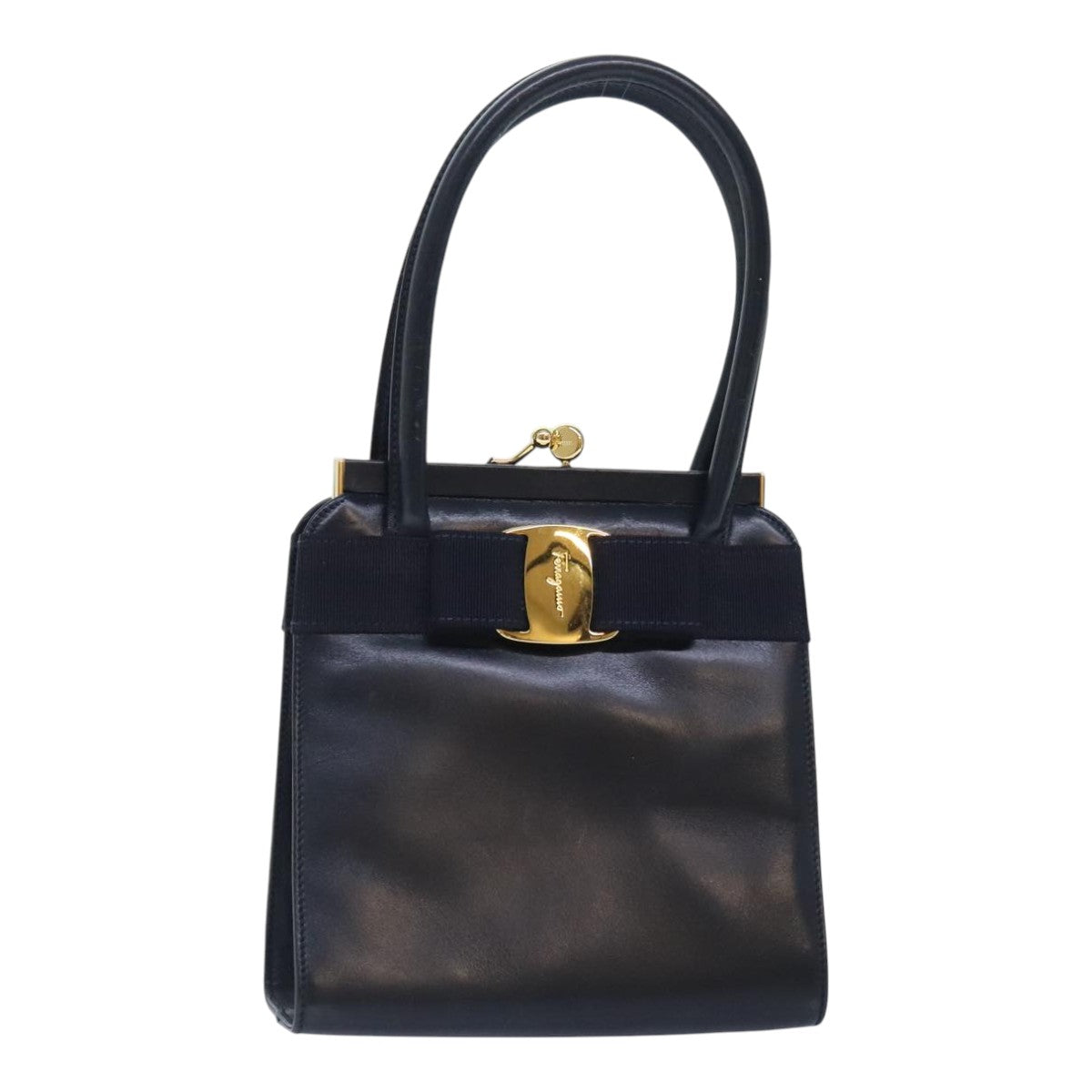 Salvatore Ferragamo Vala Hand Bag Leather Navy Gold Auth 93311