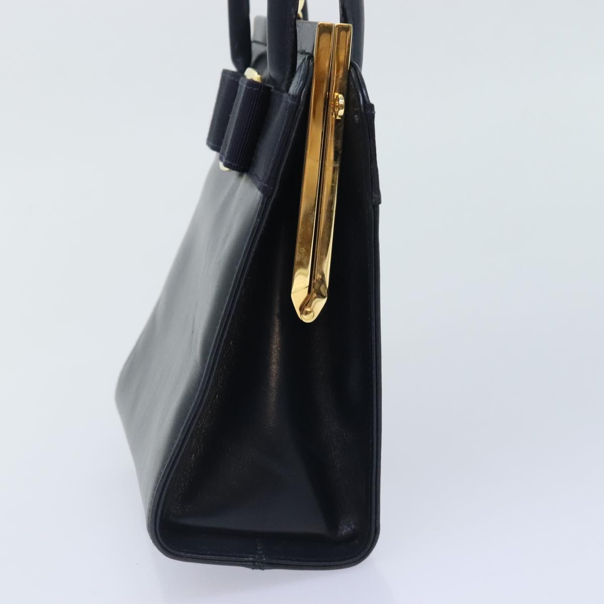 Salvatore Ferragamo Vala Hand Bag Leather Navy Gold Auth 93311