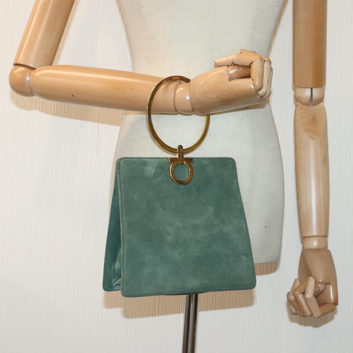 Salvatore Ferragamo Hand Bag Suede Green Gold Auth 93332