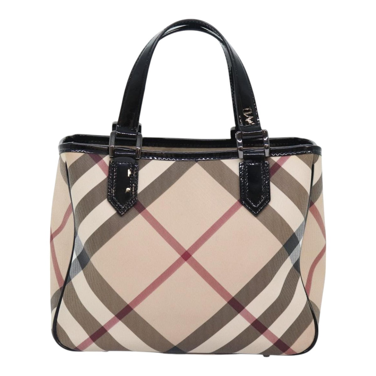 BURBERRY Nova Check Hand Bag PVC Leather Beige Silver Auth 93340