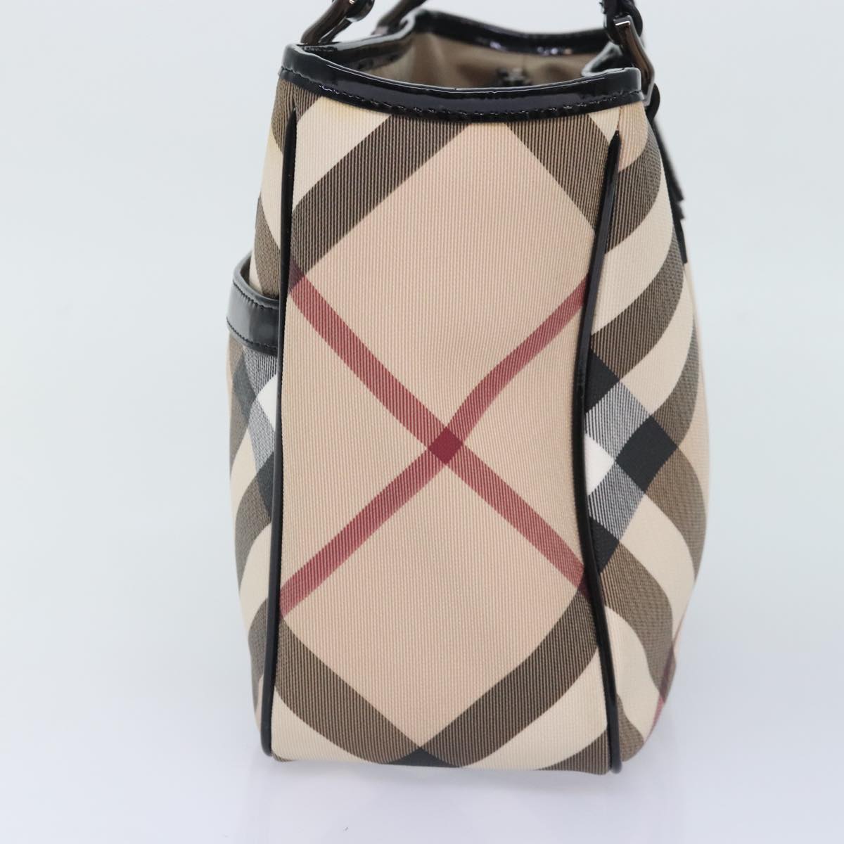 BURBERRY Nova Check Hand Bag PVC Leather Beige Silver Auth 93340