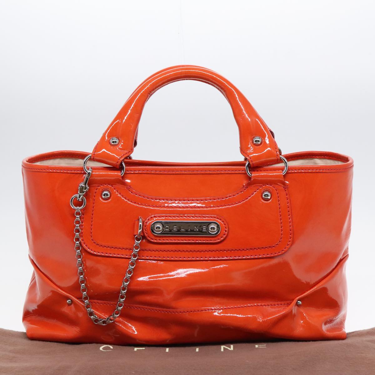 CELINE Boogie bag Hand Bag Enamel Orange Silver Auth 93342