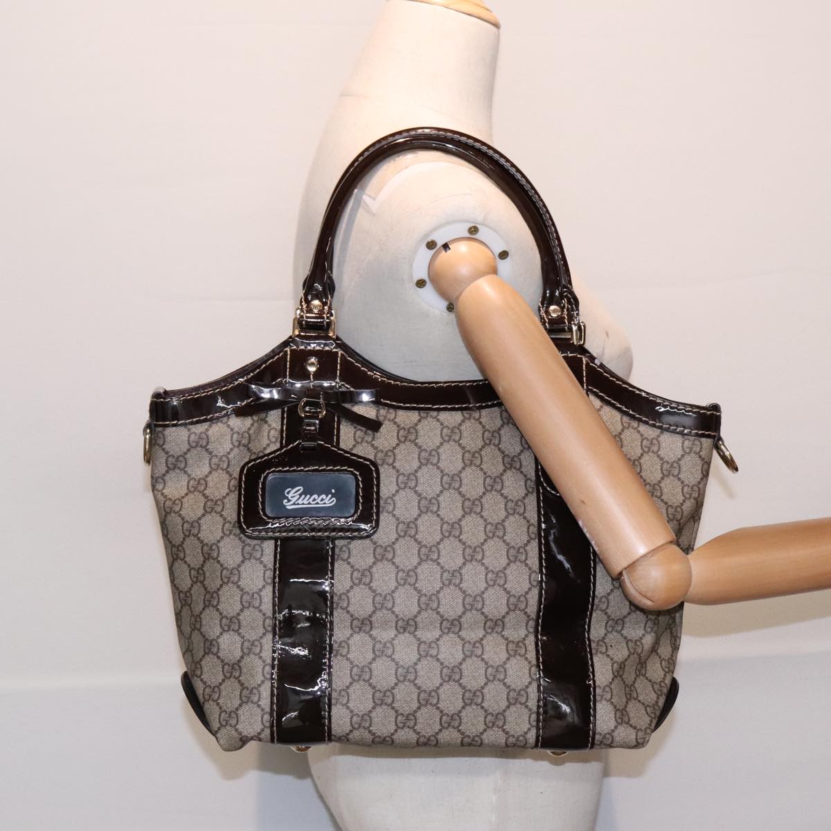 GUCCI GG Supreme Hand Bag PVC Gold Beige 203521 Auth 93343