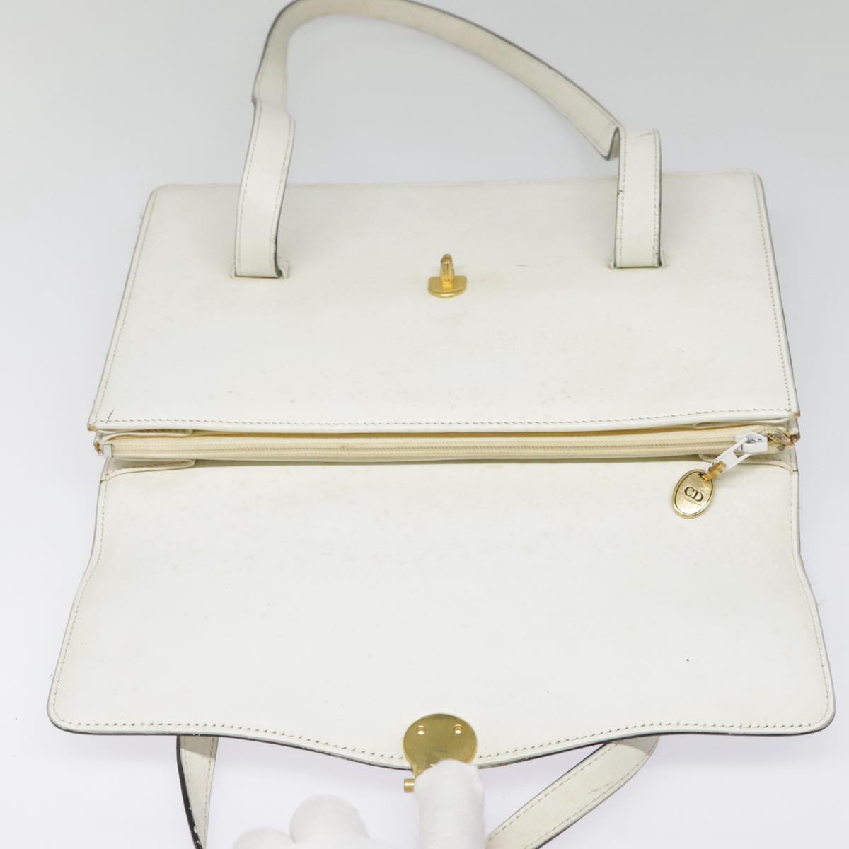 Christian Dior Hand Bag Leather White Gold Auth 93357