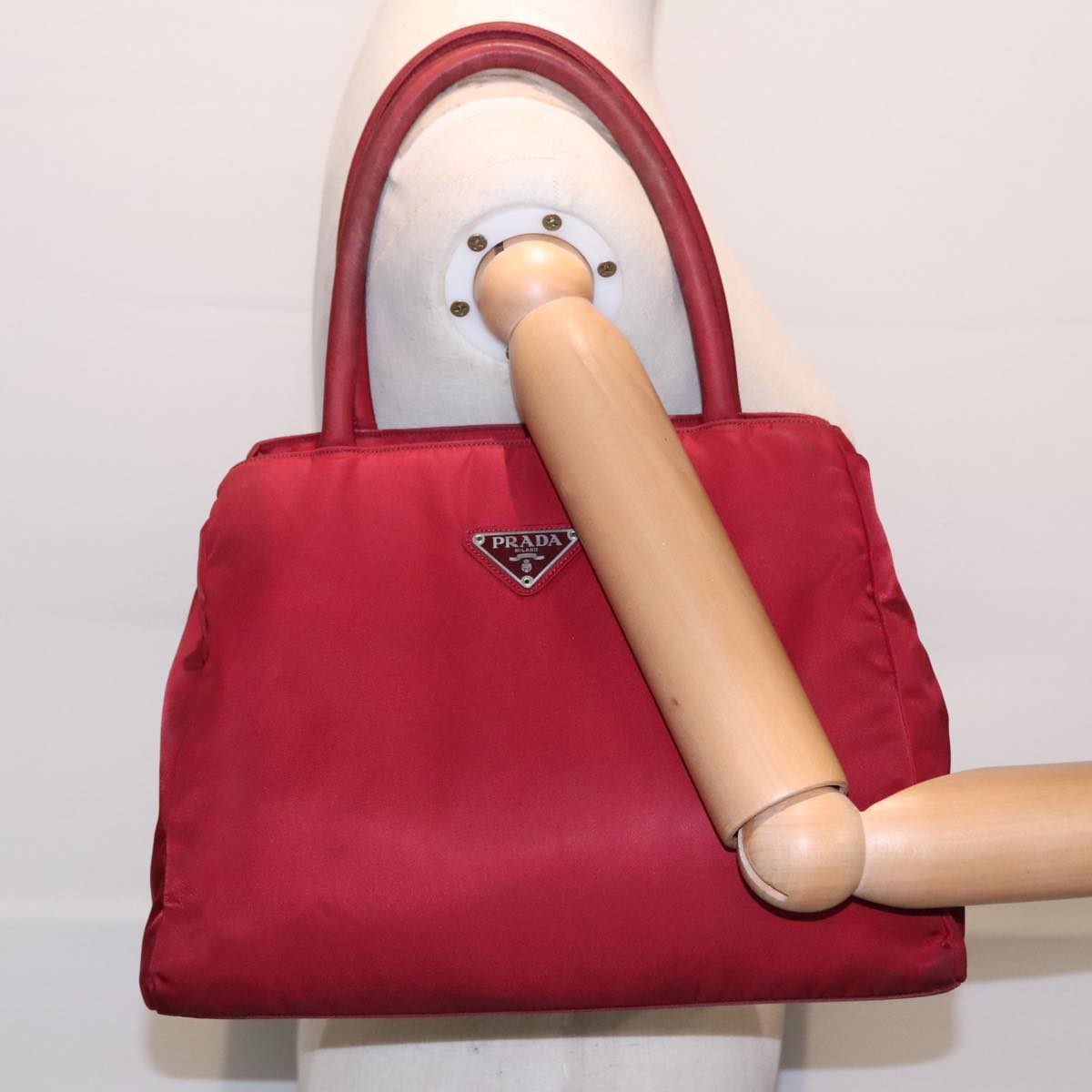 PRADA Hand Bag Nylon Red Silver Auth 93374