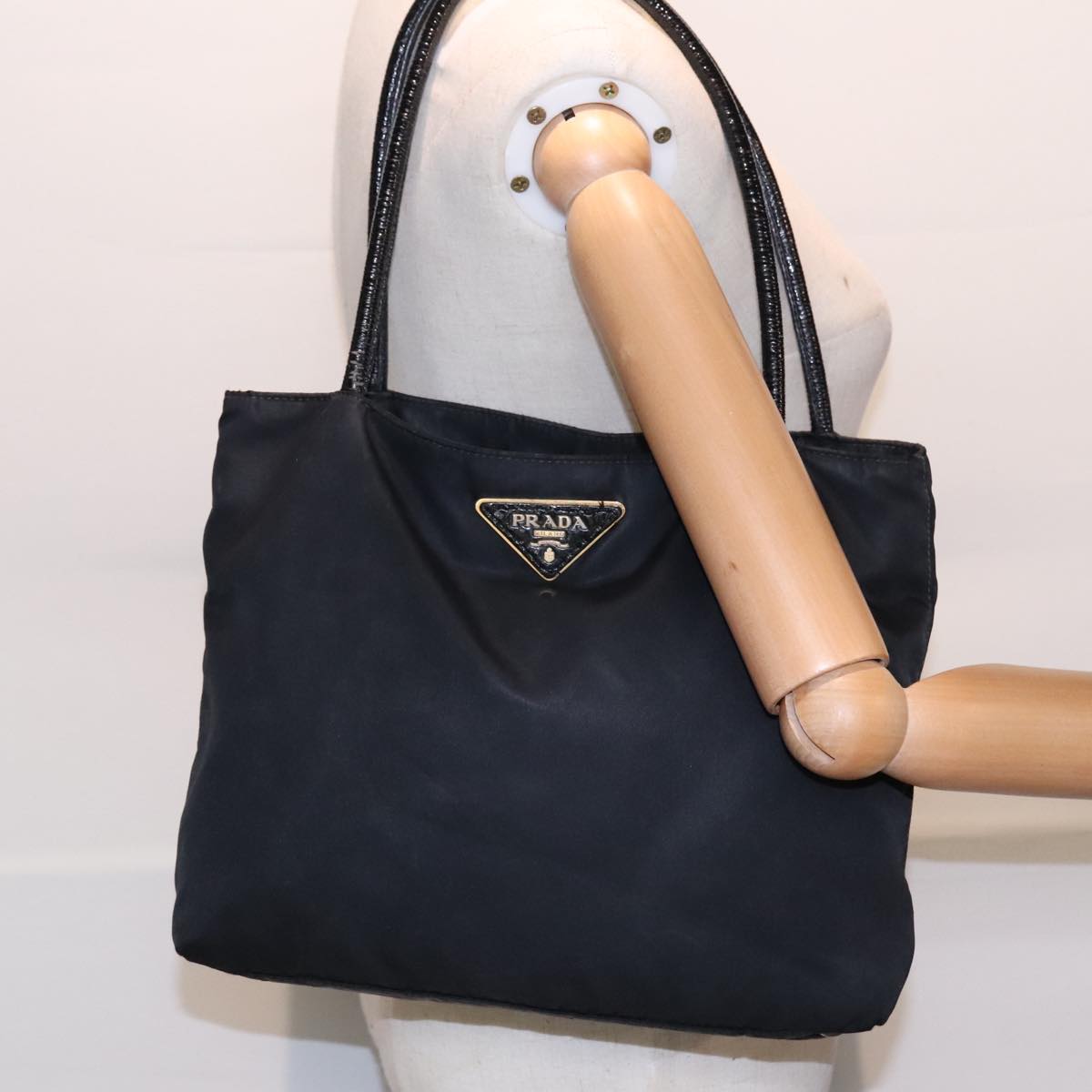 PRADA Hand Bag Nylon Black Gold Auth 93375