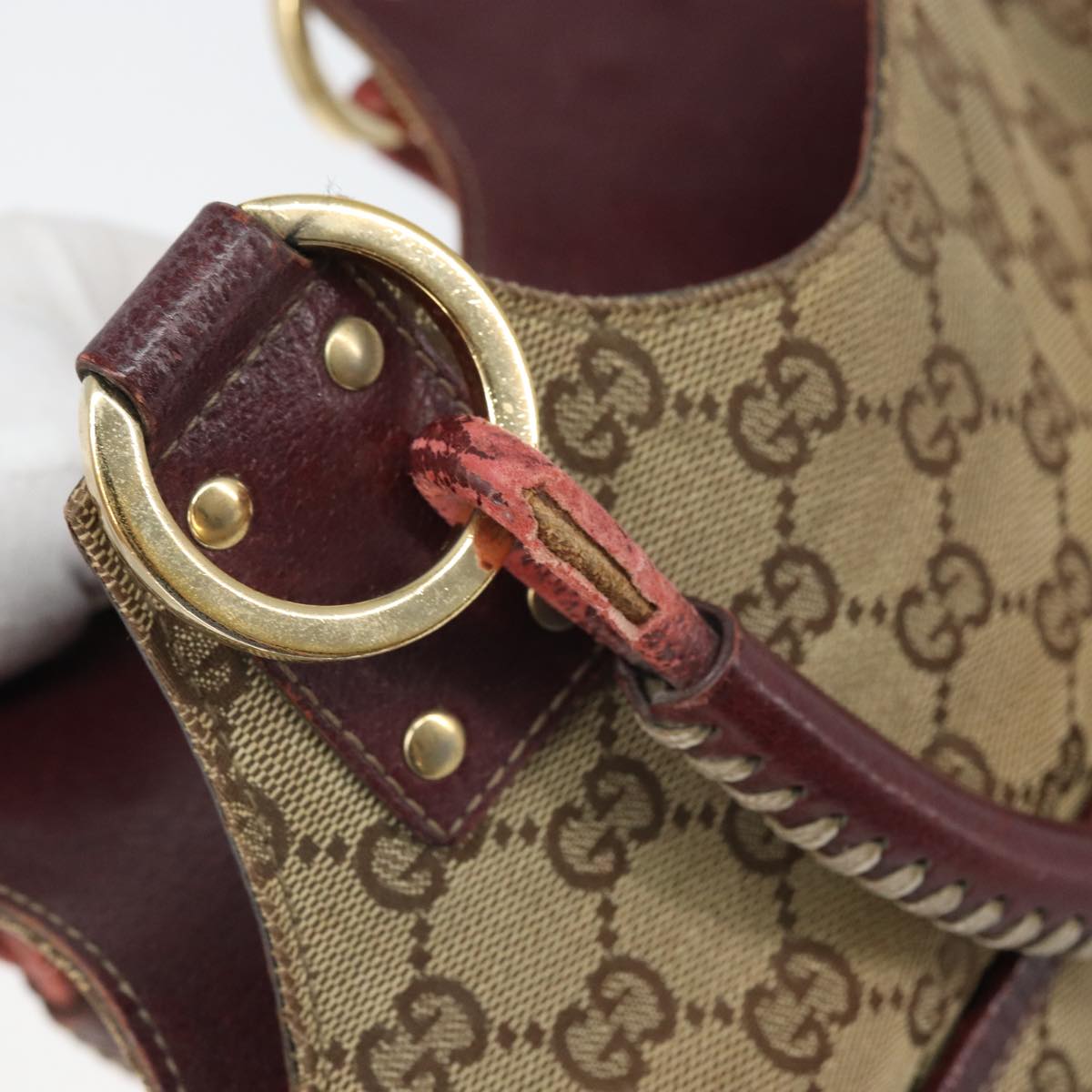GUCCI GG Canvas Hand Bag Beige Wine Red Gold 131329 Auth 93378