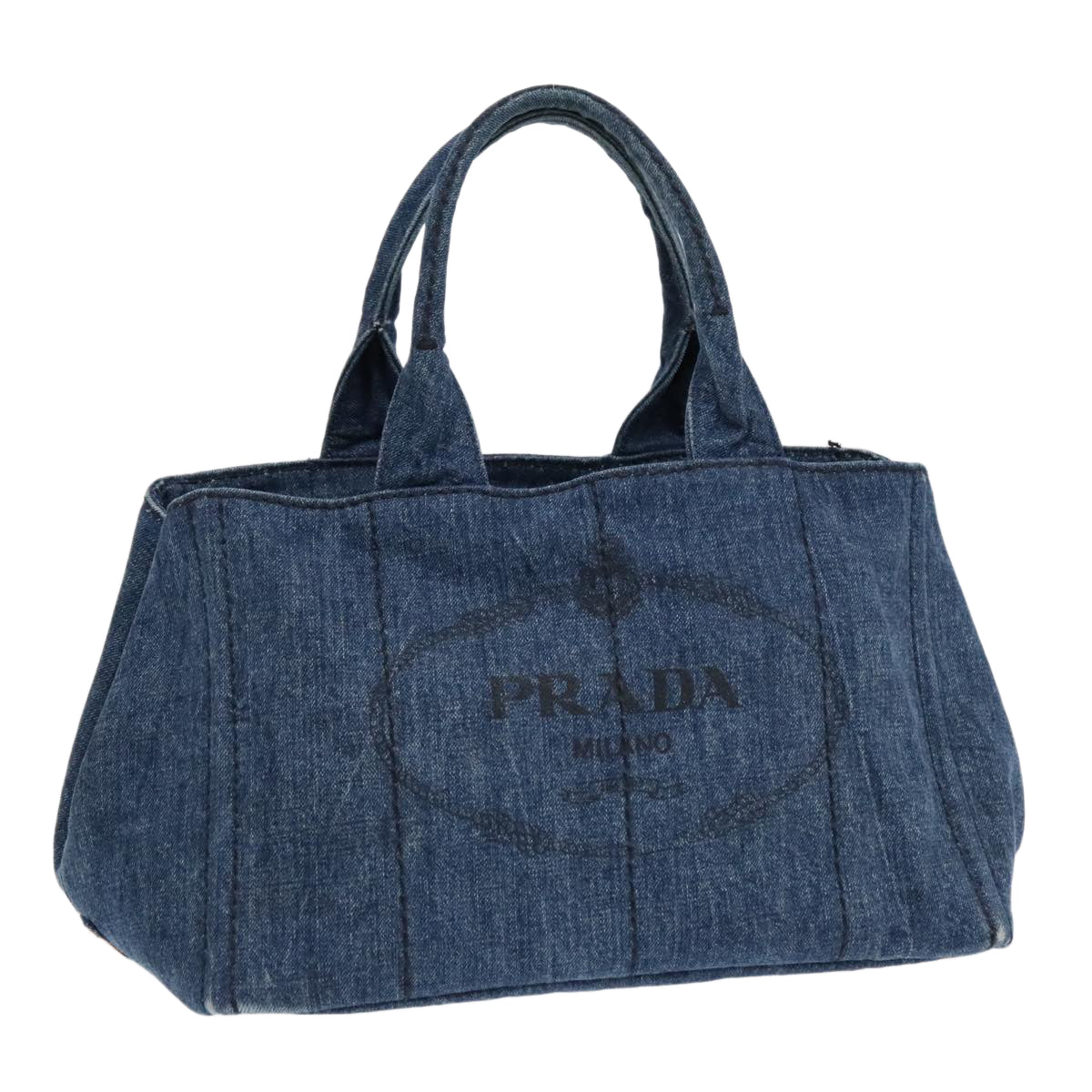 PRADA Canapa MM Hand Bag Denim Navy Gold Auth 93382