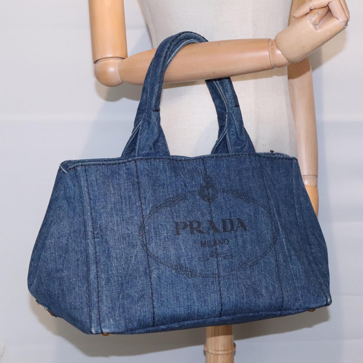 PRADA Canapa MM Hand Bag Denim Navy Gold Auth 93382