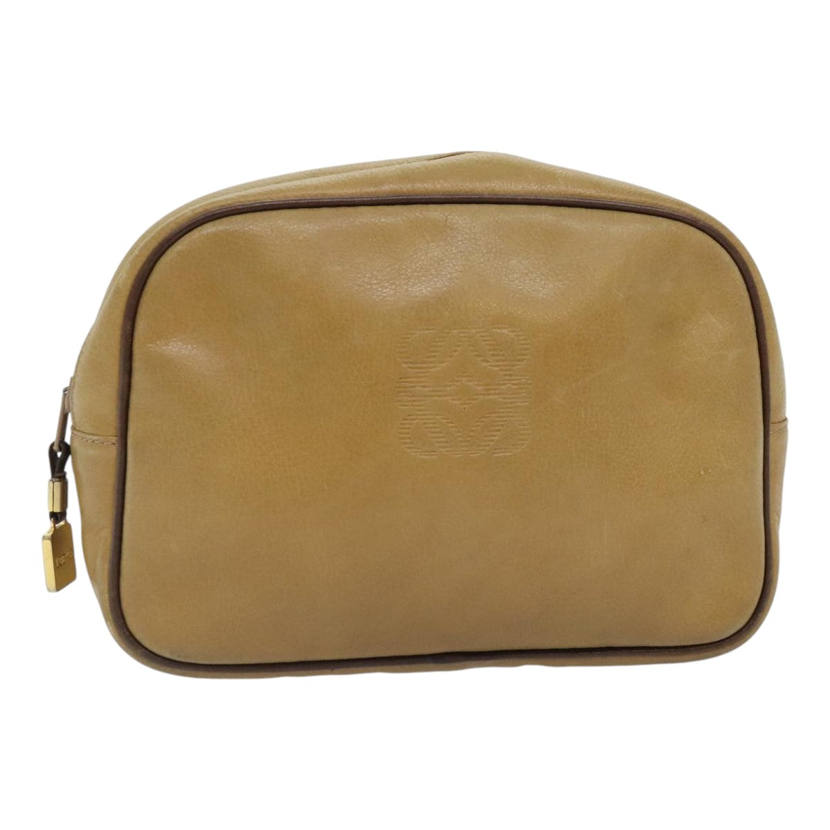 LOEWE Anagram Clutch Bag Leather Beige Brown Gold Auth 93389