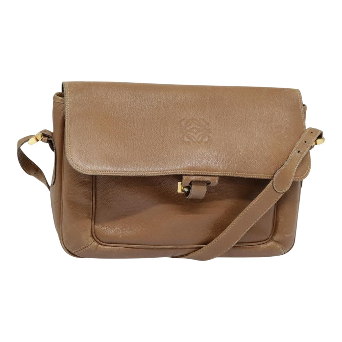 LOEWE Anagram Shoulder Bag Leather Brown Gold Auth 93390