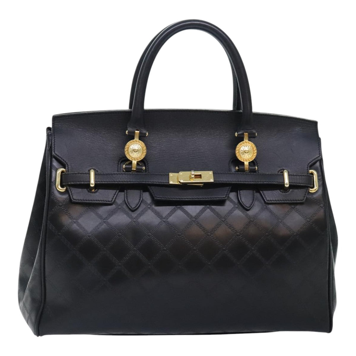 VERSACE Hand Bag Leather Black Gold Auth 93395