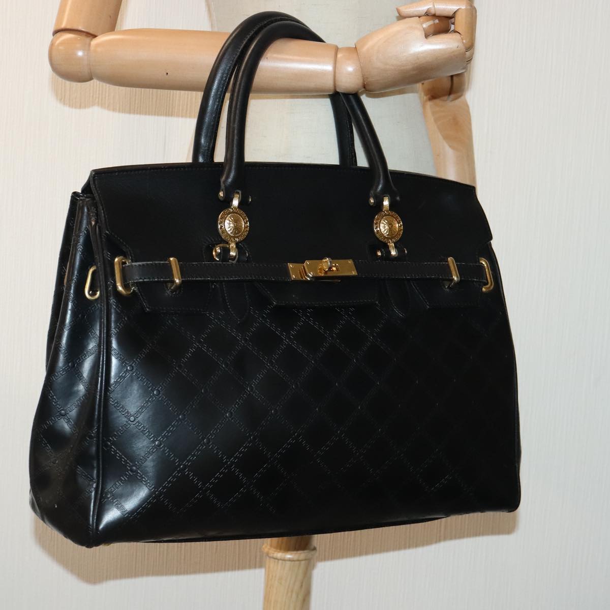 VERSACE Hand Bag Leather Black Gold Auth 93395