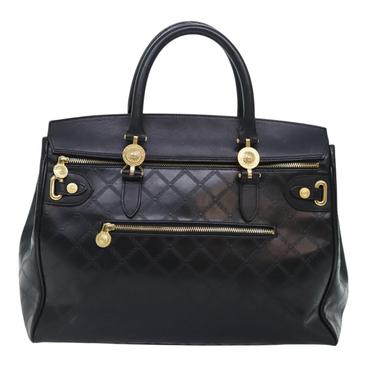 VERSACE Hand Bag Leather Black Gold Auth 93395