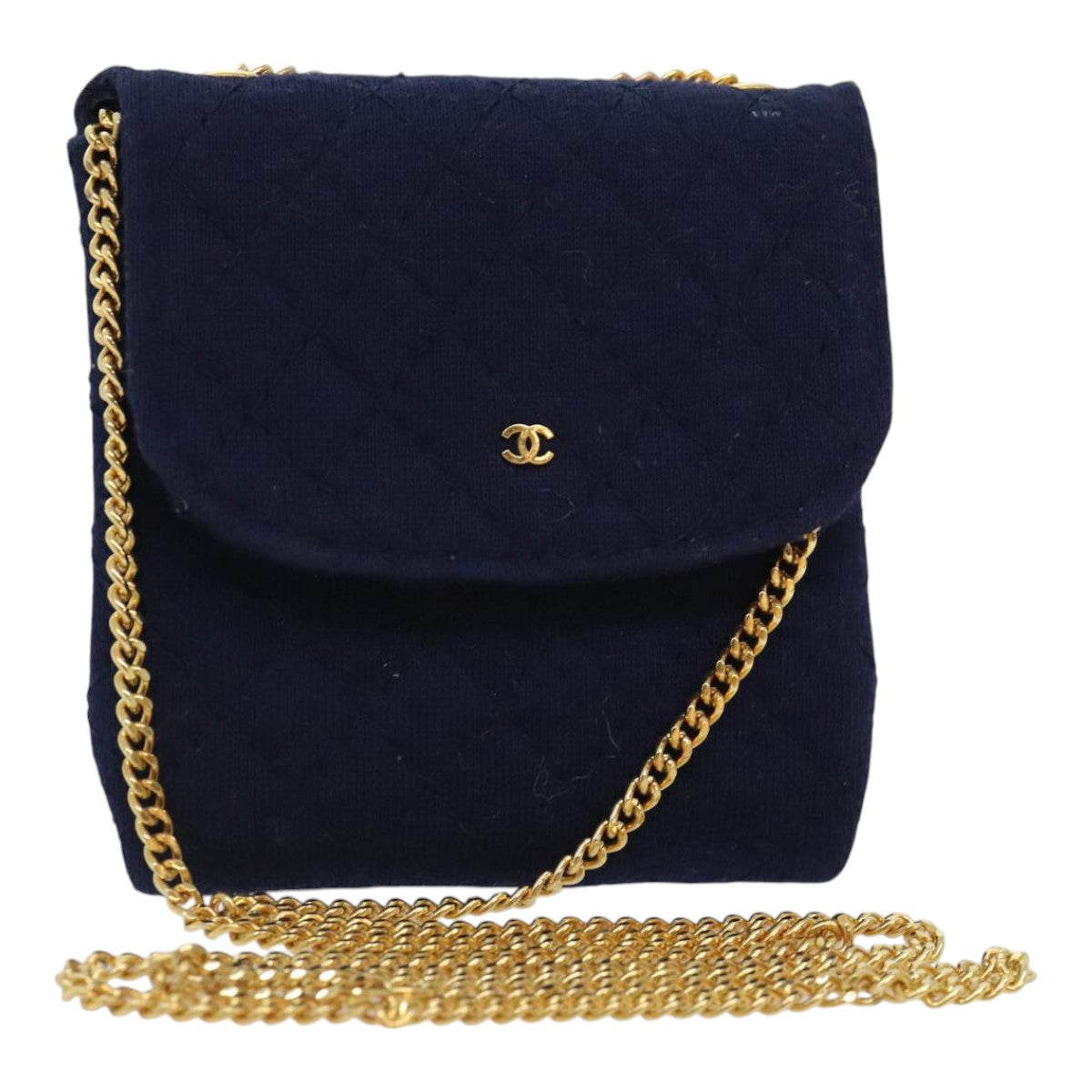 CHANEL Matelasse Chain Shoulder Pouch Cotton Navy Gold CC Auth 93398